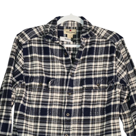 Woolrich Flannel Shirt Men Small Blue Pockets 100% Cotton Long Sleeve Plaid - Picture 2 of 9